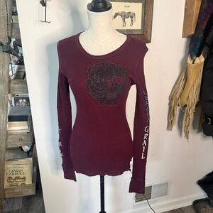 UNHOLY GRAIL Burgundy M Long Sleeve Top Thumb Holes Graphic